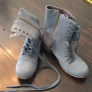 Paratrooper-style blue faux suede combat booties